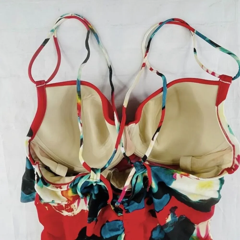 Lela Rose Cacique Tankini Womens 40D Swim Bra Red Floral Summer Vacation NEW!